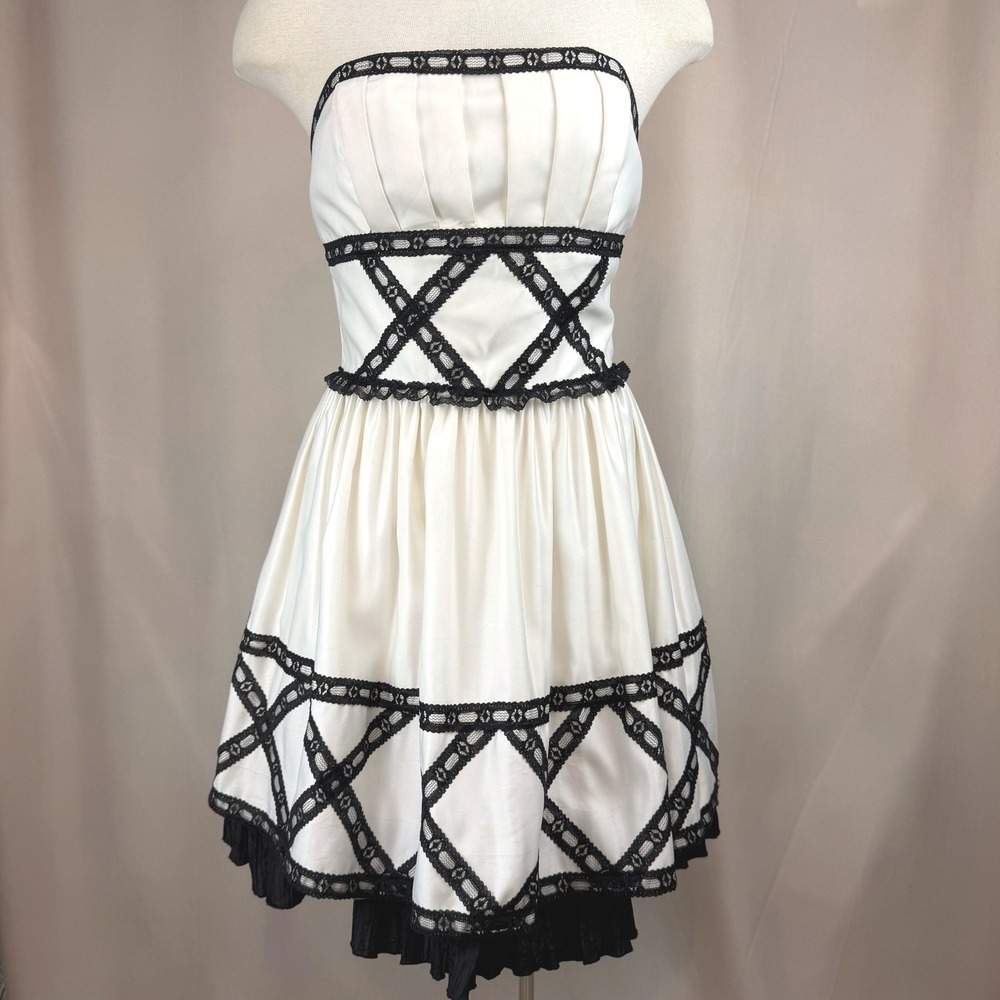 Vintage GUNNE SAX Womens (9) White Strapless Dress Black Lace Prom Cocktail USA